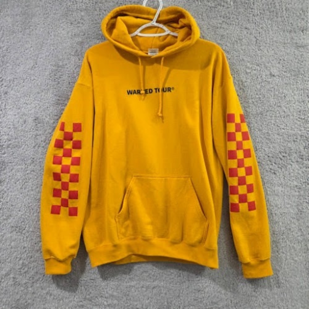 Vintage 2007 Warped Tour Hoodie Medium Men Gold Checkerboard Sleeve Concert Tour